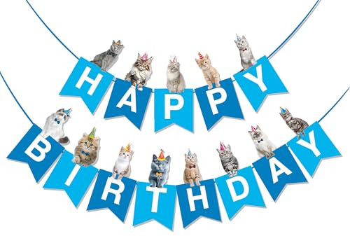 BRUBAKER Happy Birthday Wimpelkette mit Katzen - Geburtstag Deko Party Banner - Geburtstagsgirlande Dekoration für Jungen und Mädchen - Geburtstagsdeko Tiere Girlande für Geburtstagsfeier - Blau