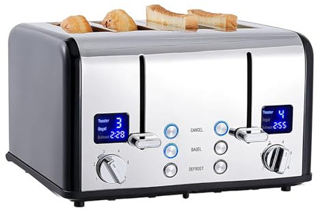LIULIQ Toaster 4 Slice, Electric Toaster with Ultra-Clear LED Display and Removable Crumb Trays, Dual Control Panels Of 6 Shade Settings, Extra Wide Slots and Dual Screen for Home Bakery
