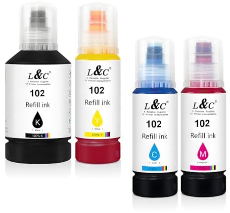 L&C 102 Ink Compatible with Epson 102 Ink Cartridges Bottle Multipack for ET-2750 ET-2751 ET-2756 ET-2850 ET-2856 ET-3700 ET-3750 ET-4750 ET-4850 ET-4856 ET-15000 (4 Pack, BK/C/M/Y)
