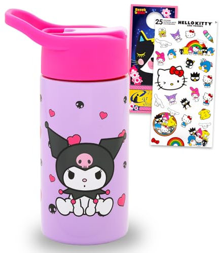 Kuromi - Botella de agua de acero inoxidable para niñas, paquete con vaso Kuromi de 14 onzas para el hogar, la escuela y los deportes, además de calcomanías, más | Botella de agua Sanrio con pajita