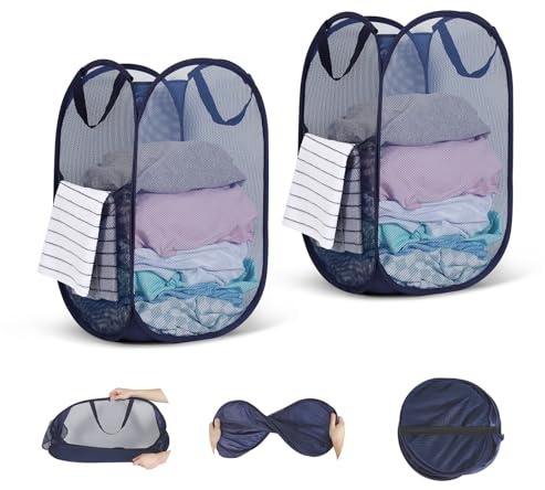 WUFANC Pop Up Wäschekorb Faltbar 2 Stück (36*36*58cm) , Wäschekorb Klappbar aus Netzmaterial, Faltbarer Wäschekorb mit Henkel für Badezimmer Camping College Dorm Und Reisen (Marineblau - 2 Vertikale)