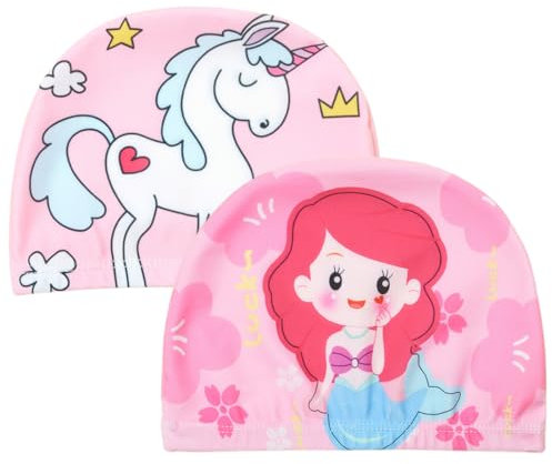 Cuffia piscina bambino, 2 Pezzi Cuffia da Bagno Piscina Nuoto per bambini dai 4 ai 12 anni, Cuffia da Bagno Impermeabile per Ragazze per Capelli Corti Lunghi, Eccellente Elasticità e Solidità(Ragazze)