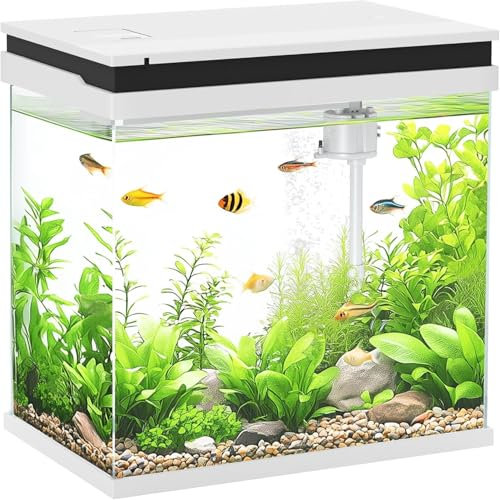 Fish Tank, 17L Glass Aquarium with Filter System, LED Lights, Water Pump, Betta Fish Tank for Goldfish, Shrimps, White