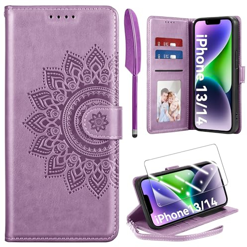 Kmofizle Handyhülle für iPhone 13/iPhone 14 Hülle mit Schutzfolie und Band, Premium Lederhülle Flip Magnet Klapphülle Kartenfach Standfunktion Stoßfeste Schutzhülle für iPhone 13/14(Violett)