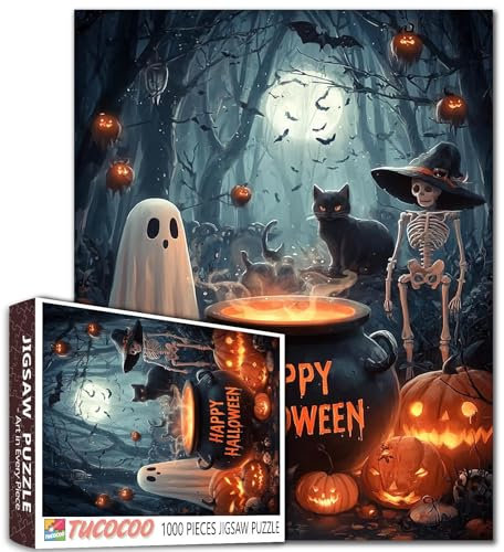 Happy Halloween-Puzzle, 1000 Teile, für Erwachsene, Familien (Skelett, Geist, Suppe, schwarze Katze, Fantasie-Mond, Wald) Teile passen perfekt zusammen, 50 x 70 cm, gruselige Nacht, gerahmte magische