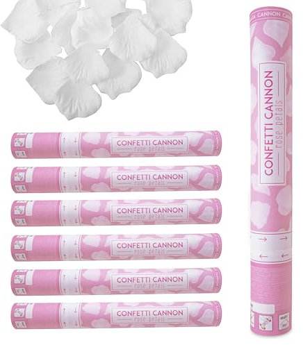Decoraparty 6 Sparacoriandoli a Petali di Rosa, Tubo Cannone Lancia Coriandoli Rose Petals Bianco da 40 cm per Festa Matrimonio, Compleanno, Nozze, Sposi, Party Elegante Tema (Set 6 pz)