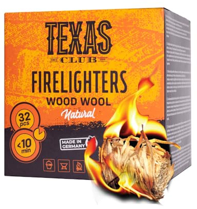 Texas Club Wood Wool Feueranzünder aus Holzwolle, 32 Stück | Umweltfreundlich, sicher & einfach zu verwenden – lang anhaltendes Brennen