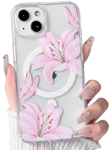 NITITOP for iPhone 14 Plus/15 Plus Case Clear Floral Lily Magnetic, Pink | for Women Girls, Cute Flower Butterfly Design, Compatible with MagSafe, Hard PC Back Shockproof Cover, Full Camera Protection