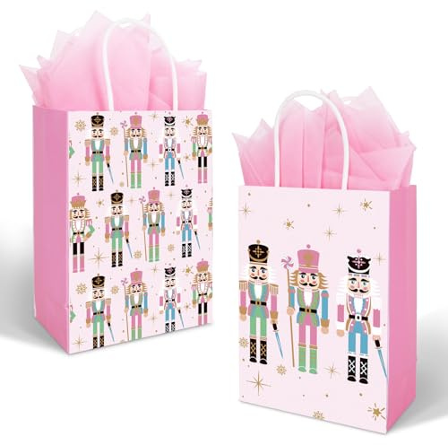 JarThenaAMCS 16 Pcs Christmas Paper Gift Bag Pink Nutcracker Treat Bags with Handles Tissue Paper Candy Goodie Bags for Xmas Winter Party Favors Supplies
