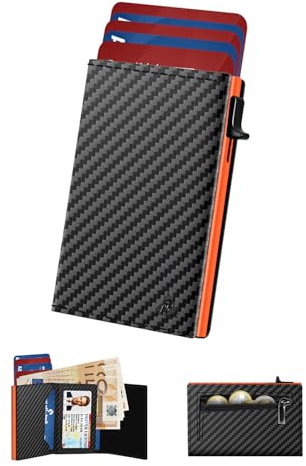 Porta Carte di Credito Uomo Piccolo, Portafoglio Uomo Slim con Chiusura Magnetica e Finestra ID, Portacarte in Pelle pop-up per 11 carte, Porta Tessere con Portamonete e Banconote, Nero e Arancione