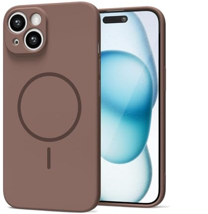 LoeoeL Magnetic Phone Case for iPhone 15 Plus/ 14 Plus Case Silicone, Cute Slim Thin Phone Cover Compatible with MagSafe for Women, Girly Soft Rubber Gel Mag Safecase with Camera Protection, Brown