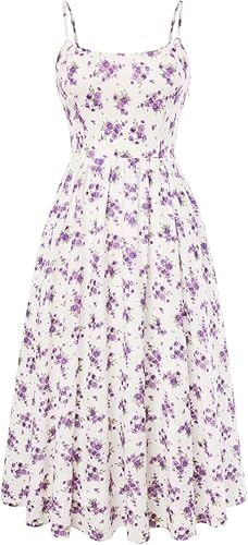 Belle Poque Dame Blumen Kleid Ärmellose Spaghettiträger A-Linie Midi Sonnenkleid Freizeit Boho Kleid mit Taschen Urlaubs Strandkleid