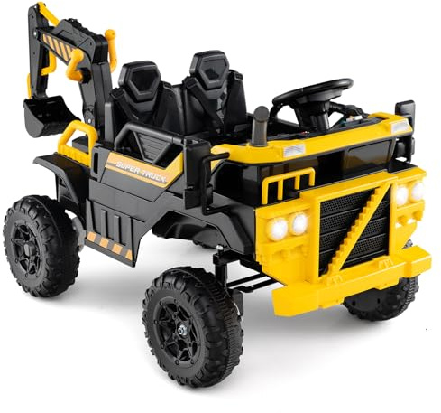 DREAMADE 24V Kinderbagger 3 Sitzer, elektrischer Aufsitzbagger mit Fernbedienung, Hupen, Musik, Scheinwerfer & USB-Anschluss, Elektroauto für Kinder ab 3 Jahren