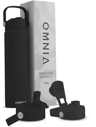 OMNIA NUTRIENTS Vacuum Insulated Stainless Steel Water Bottle, 2 Lids (Straw & Spout) Leakproof, BPA-Free, Reusable Flask Ideal for Travel and Outdoors (Black - 750 ml)
