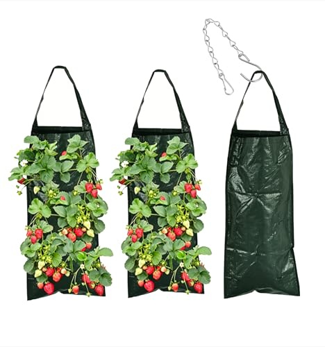 Generisch Erdbeer-Pflanzgefäße zum Aufhängen, 8 Löcher mit Kette zum Aufhängen, Polyethylen, vertikale Wachstumsbeutel für Erdbeeren, Blumen, platzsparend, Balkon, Garten, 3 Stück