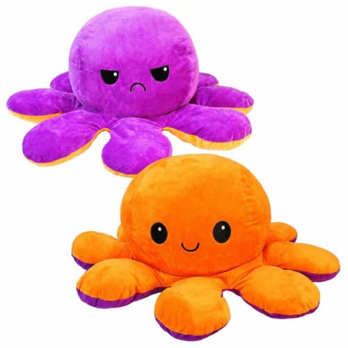 BEMIRO Wende-Oktopus Plüschtier, Lila und Orange, XL 60 cm, Kawaii Design, Kuschelig Weich, Zwei Gesichter