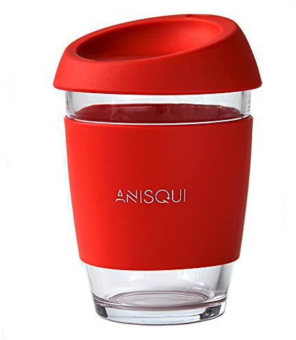 AniSqui Tasse à Café en Verre Réutilisable 350ML - Portable Avec Couvercle en Silicone Sans BPA - Tasse de Voyage (Rouge)