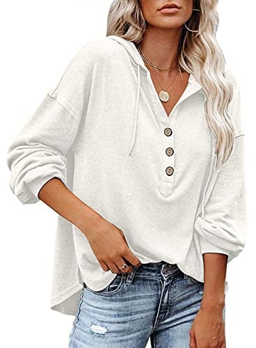PLOKNRD Kapuzenpullover Damen Langarm Knöpfen Pullover mit Kordelzug Freizeit V-Ausschnitt Hooded Henley Sweatshirt Klassisch(Cremeweiß, M)