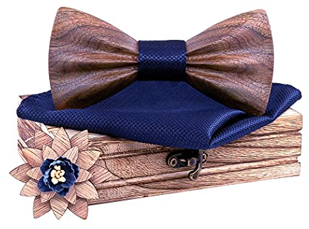 HZQIFEI Jeu de Nœud Papillon en Bois avec Carré de Tissu et Broche pour Cadeau, Réception, Mariage (C6, 3Pcs)