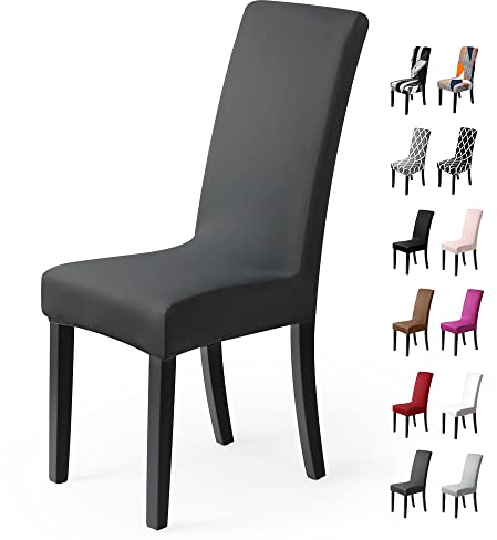 Stuhlhussen 4Stück,Stretch-Stuhlbezug elastische Moderne Husse Elasthan Stretchhusse Stuhlbezug Stuhlüberzug.bi-Elastic Spannbezug,sehr pflegeleicht und langlebig Universal(4 StückSilber-Dunkelgrau)