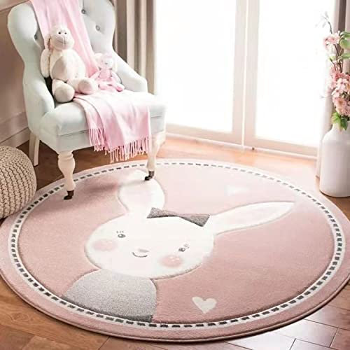 Rug-QJDDUP Tapis Deco Salon Rond Moderne Lapin de Dessin animé Rose Frais pour Enfants Tapis Lavable pour Salon, Chambre à Coucher, Salle à Manger ou Chambre d'enfant ø 120 cm