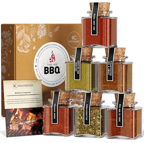 Krautberger BIO BBQ Geschenkbox für Männer I 6 Grillgewürze Grill Geschenk Premium Box I Geschenkset Barbecue Gewürzmischungen in Bio-Qualität + Rezepte