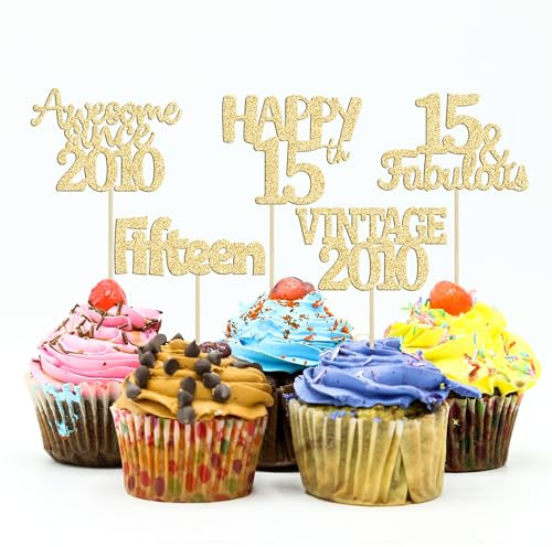 Gyufise 30Pcs Happy 15th Cupcake Toppers Glitter Fifteen Vintage 2010 Cupcake Picks Cheers to 15 Years Birthday Cake Decorations for Happy 15th Birthday Anniversary Party Supplies Gold