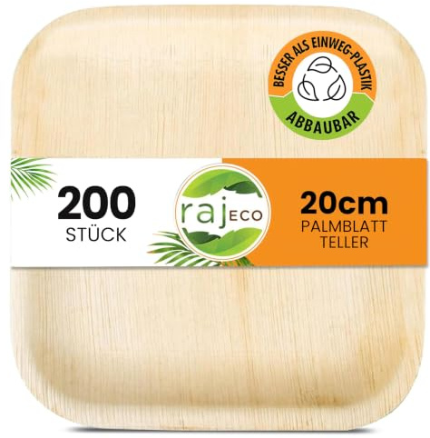 Raj Eco - Platos compostables de hoja de palma como platos de bambú desechables, 200 platos cuadrados de 8 pulgadas, madera natural, ecológicos, biodegradables y desechables, platos de postre,