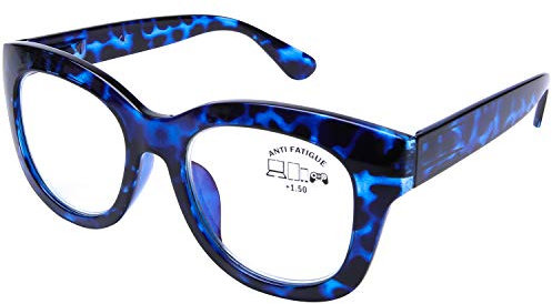 DOOViC Blue Light Computer Glasses Blue Tortoise Wide Frame Large Lens Spring Hinge No Magnification Glasses for Women/Men +0.0