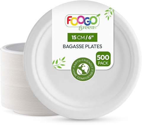 FOOGO Green 500 Disposable Sugarcane Bagasse Plates, 6 inch (15 cm), Round | For Desserts and Starters, Eco Friendly Biodegradable Compostable, Picnic, Party, Small Round Strong Paper Plates