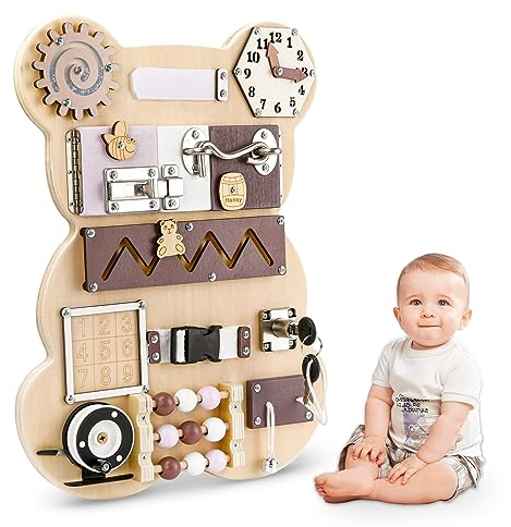 Montessori-Aktivitätsbrett, Spielzeug für 1 bis 4 Jahre, Holzpuzzle, Montessori-Spielzeug, sensorisches Lernspielzeug, Geburtstagsgeschenk für Kinder, Jungen, Mädchen, Braun