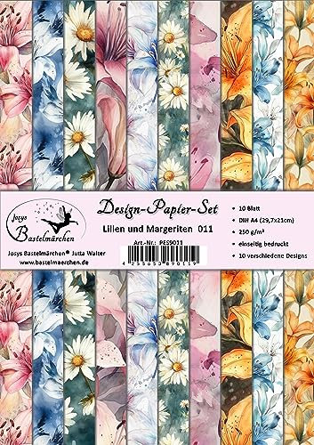 Josys Bastelmärchen Design-Papier-Set 10 Blatt A4 250g Scrapbooking Blumen Lilien Margeriten PES9011