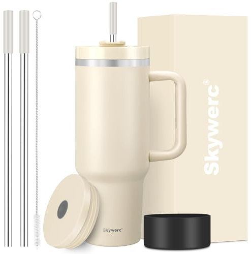 Bicchiere con manico e cannuccia, 2 coperchi (2 in 1 e coperchio a prova di perdite), in acciaio inox, isolamento sottovuoto, a doppia parete, da viaggio, regalo per le vacanze per donne e uomini,