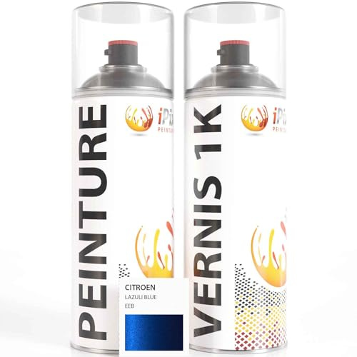 ipixline Kit Retouche Peinture Carrosserie Voiture - Bombe Aérosol Peinture Auto 400 ml, Vernis Brillant 1k 400 ml - Compatible avec Citroen - Lazuli Blue EEB