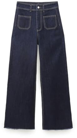 Vaqueros Marinos con Bolsillo de Parche a la Moda para Mujer Vaqueros Retro de Cintura Alta con Cremallera Vaqueros Elegantes de Pierna Ancha para Mujer-Azul-L