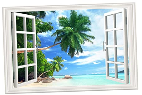 HEMOTON Window Stickers 3D Fake Window Art Beach View Tree Beach Wall Art Wall Mural Removable Wall Paper Faux Sticker Wallpaper Vinyl Household