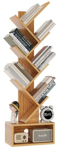 YMYNY Estantería de árbol, Librería Alta de 6 Niveles, Estantería Estrecha de Almacenamiento de Madera con cajones para salón, Sala de Estar, Dormitorio,38×19×112CM, Color Natural HBC016N