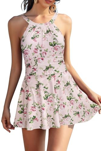 SHEKINI Women's One Piece Swimsuit, Pink Floral Print, M