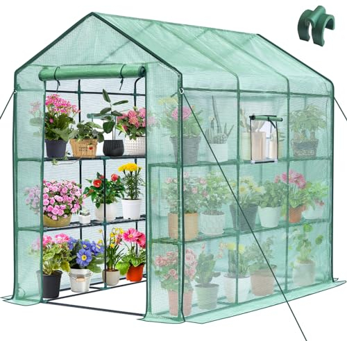 Greengro Greenhouse, 57 x 85 x 76'' Greenhouses for Outdoors, Portable Greenhouse Kit with Mesh Side Windows, PE Cover, 8 Shelves, Heavy Duty Walk in Green House for Backyard Garden Indoor Outside