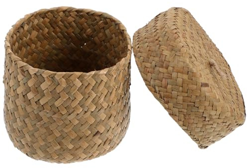 PRETYZOOM Mini Handwoven Storage Basket Seagrass Basket with Lid Straw Planter Basket Hyacinth Desk Organizer Bins for Home Office Garden