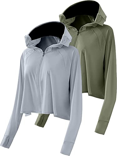 Hercicy 2 Stück kühlende UV-Schutz-Kleidung, Sonnenschutz, Kapuzenjacke, durchgehender Reißverschluss, Sonnenblock, Kleidung für Damen, passend für Größen S-XL