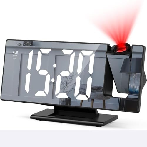 BYZESTY Projektionswecker, Wecker Digital mit Projektion, LED Spiegel-Digitaler Wecker mit Datum, Temperaturanzeige, Snooze, 3 Helligkeit, USB-Betriebener Projektionsuhr für Schlafzimmer (Black)