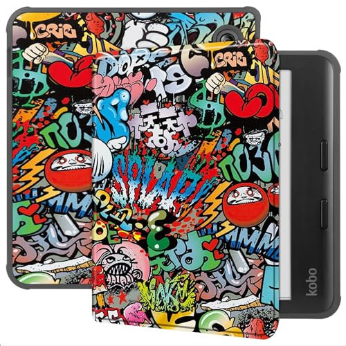 GIOPUEY Coque Compatible avec Kobo Libra Colour, étui en Cuir [étui à Rabat] Cuir PU + Doux TPU Case Cover, Auto Sleep/Wake, 360° Protection - Graffiti