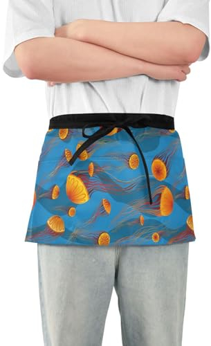 linqin Kellnerschürze mit Taschen, Servierschürze für Kellnerin, orangefarbene Quallen, kleine Taille, 30,5 cm, kleine Servierschürze, wasserdicht, Orangene Quallen, Einheitsgröße