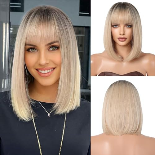 OUFEI Ombre Blonde Bob Perücke mit Pony Kurze gerade Perücke für Frauen Synthetisches Haar Perücken für tägliche Party Cosplay tragen
