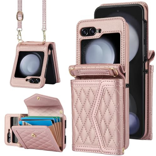 Remterad per Samsung Galaxy Z Flip 6 Custodia, Caso di auto-cinghia-z flip 6Phone Case in pelle zflip6 casi con custodia per 4 carte【Antigoccia】【Anti-impronta】-Oro rosa.