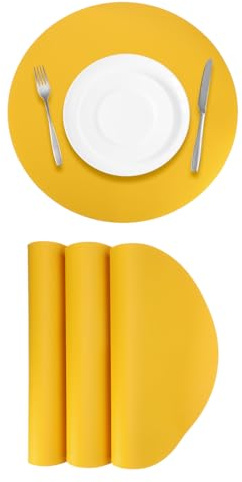 Sourcing Map Tischsets aus Kunstleder, rund, hitzebeständig, wasserdicht, öldicht, Küchenmatten (gelb), 4 Stück