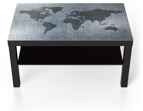DEQORI Mesa de cristal | negro grande 90 x 50 cm | diseño de mundo forjado | mesa auxiliar inusual de cristal | mesa de centro brillante para el salón | moderna mesa de sofá con diseño
