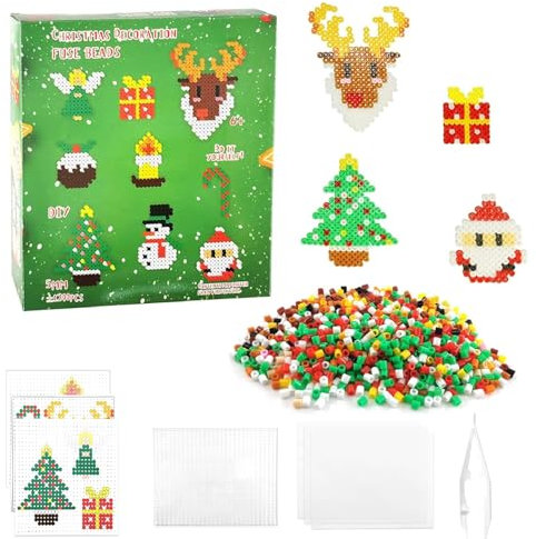 Bügelperlen Weihnachten,1200 Stück Bügelperlen Set Spielzeug,Steckperlen 5 MM Perlen,mit Einlegeplatte,9 Muster,Bügelpapier,Geeignet für Kinder ab 3 Jahren,Anhänger und Zubehör zum Basteln Handwerk