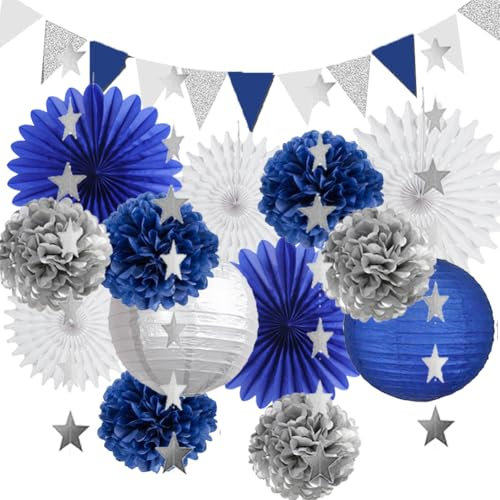Party Deko Blau Silber Weiß Papierfächer Party Deko Marineblau Papierlaterne Pompons Deko Silber für Party Deko Geburtstag Blau Silber Weiss Babyparty Hochzeit Marineblau